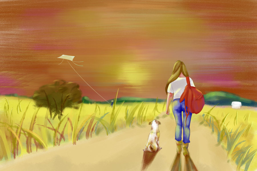 手绘风插画图画,一人一狗 独自旅行的女孩
